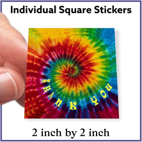 Mailers And More Other - 100 (2x2 Inch) Square Stickers, Tie Dye Hippie, Peace Love High Gloss, Thank You